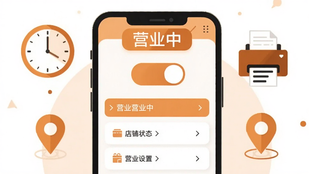 画面中央是一部手机,屏幕显示店铺状态切换开关和营业设置选项列表,手机上方有“营业中”字样的状态标签,周围环绕时钟、打印机和定位图标,扁平化插画风格,配色以暖橙色和白色为主,布局上下结构清晰,细节简洁,画质干净,无多余元素