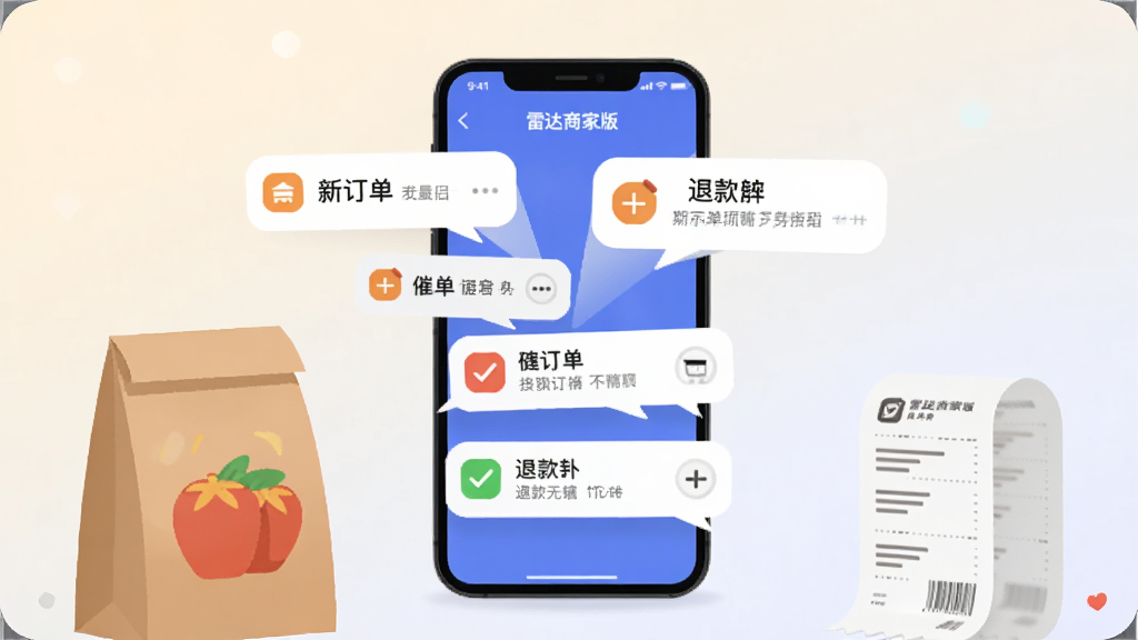 一部手机放置在画面正中,屏幕显示多条订单通知气泡从手机上方弹出,气泡内用图标表示新订单、催单和退款等状态,手机两侧有打包好的餐袋和打印出的小票,背景为浅色渐变,扁平插画风格,构图对称,细节清晰,画质干净,画面中可出现“雷达商家版”字样的界面标题,无多余装饰元素