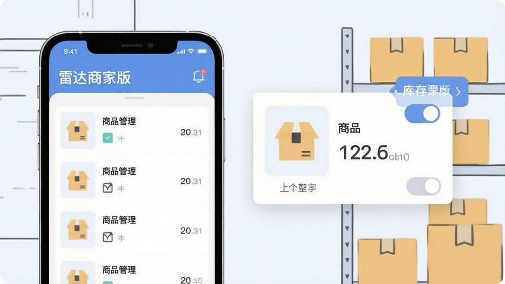 画面左侧是一部手机,屏幕上显示商品管理列表,右侧是悬浮的商品卡片和库存数字标签,卡片上有上下架开关图标,背景中有货架和包装盒的简笔轮廓,扁平化设计风格,配色清爽,布局左重右轻,细节简洁,画质干净,界面标题位置可出现“雷达商家版”文字,无多余元素