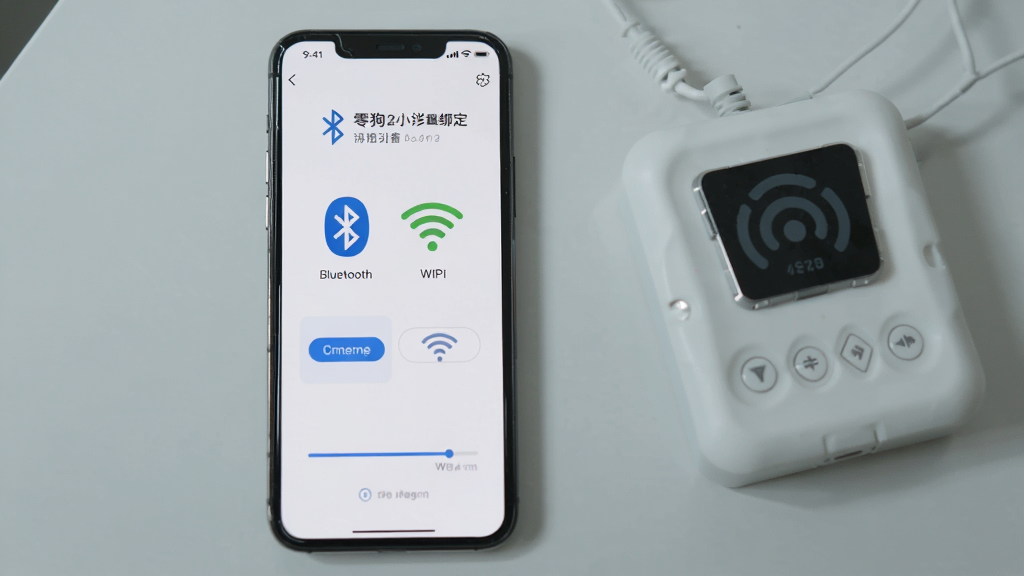 手机屏幕显示零狗智能设备绑定引导页,页面上有蓝牙图标和WiFi图标,旁边放置一个温控面板实物,背景为浅灰色桌面,布局为手机居中面板靠右,采用简洁数码产品展示风格,细节包括界面按钮和进度条,画质清晰,画面干净无杂乱