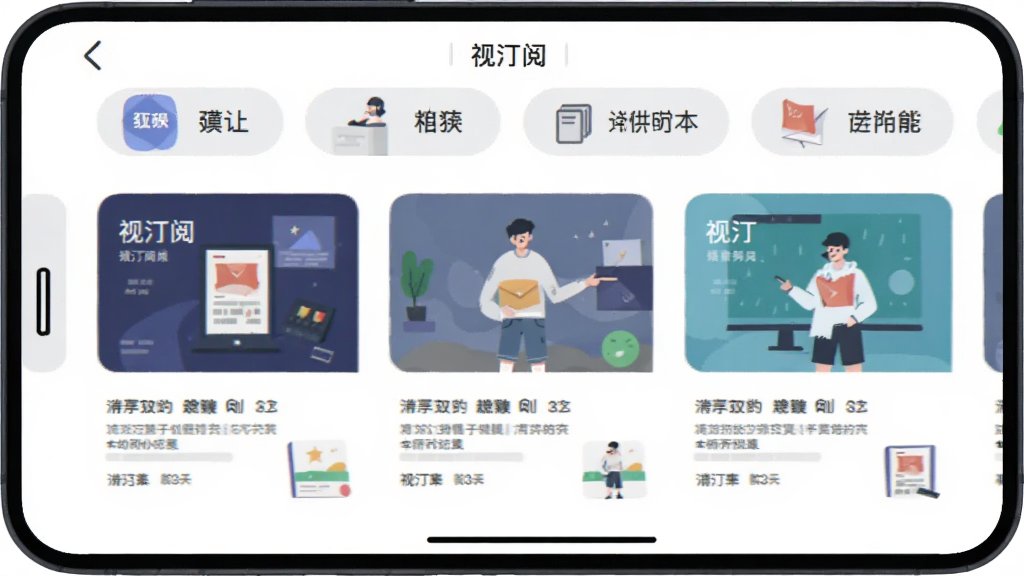 主体为手机界面中多个资讯频道标签横向排列,布局横向滚动样式,排版清爽,风格为扁平化插画,细节包含分类图标与文章缩略图,画面中写有“视汀阅”文字,画质清晰干净,无多余元素
