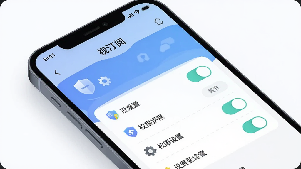 主体为手机屏幕展示设置页面与权限开关列表,布局上下分层,排版清晰,风格为简约科技插画,细节包含盾牌与齿轮图标,画面中写有“视汀阅”文字,画质清晰干净,无多余元素