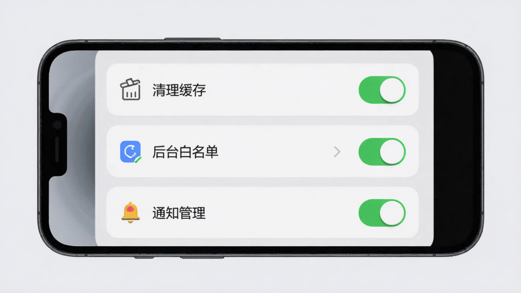手机屏幕显示宝技智联设置页面,包含“清理缓存”“后台白名单”“通知管理”三个选项开关,界面采用浅色卡片式布局,背景为淡灰色,图标简洁,画质干净,无多余元素