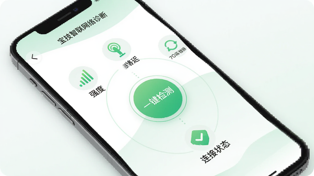 手机界面展示宝技智联网络诊断页面,中央为“一键检测”圆形按钮,周围环绕信号强度、网络延迟、连接状态三个检测项图标,背景为白色与淡绿色搭配,风格简洁清新,画质干净,无多余元素