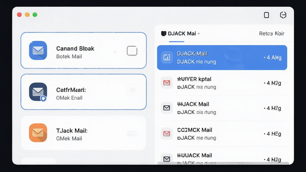 画面中央为 DJACK Mail 多账户管理界面,左侧列出三个邮箱账户图标,右侧为统一收件箱列表,界面采用卡片式布局,浅色背景搭配蓝色高亮选中状态,风格简洁现代,画质清晰,排版整齐,无多余装饰元素