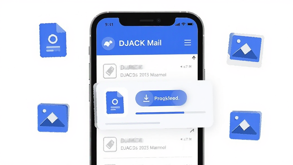 画面展示 DJACK Mail 附件预览界面,手机屏幕中显示一封邮件与附件图标,附件旁有下载按钮与进度条,周围点缀文档与图片小图标,扁平化设计风格,蓝白配色,布局清晰,画质干净,无多余元素