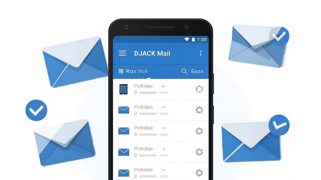 画面中央展示一部安卓手机,手机屏幕上显示 DJACK Mail 应用主界面,界面中有收件箱列表与信封图标,手机周围环绕几个悬浮的邮件信封与对勾符号,整体采用扁平化插画风格,配色以蓝白为主,细节干净,画质清晰,无多余元素