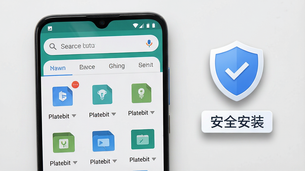 一部安卓手机屏幕显示Platebit主界面,界面顶部为搜索框,中部为标签筛选栏,下方为文件网格列表,画面旁边漂浮着一个盾牌图标和“安全安装”字样标签,布局为手机正面展示,风格为简洁UI展示图,细节包括清晰的界面元素和柔和阴影,画质干净高清,无多余装饰