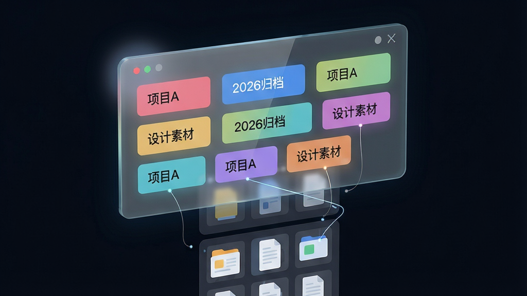 画面主体为一块悬浮的虚拟面板,面板上排列着多个彩色标签卡片,每张卡片上写着“项目A”“2026归档”“设计素材”等字样,面板下方是文件缩略图流,标签与文件之间用细线连接表示关联关系,布局为上下结构,风格为科技感扁平设计,细节包括半透明玻璃质感面板和柔和光晕,画质高清干净,无多余元素