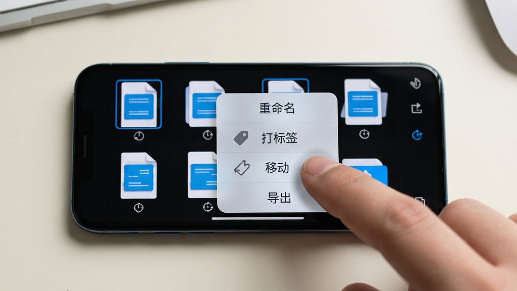 画面展示一部手机横向放置,屏幕中多个文件缩略图被手指长按选中,出现批量操作菜单栏,菜单中包含“重命名”“打标签”“移动”“导出”等按钮,背景为简洁的浅色工作台面,布局为手机居中特写,风格为写实产品展示风,细节包括手指按压的交互反馈和菜单的微投影,画质清晰,干净无杂乱