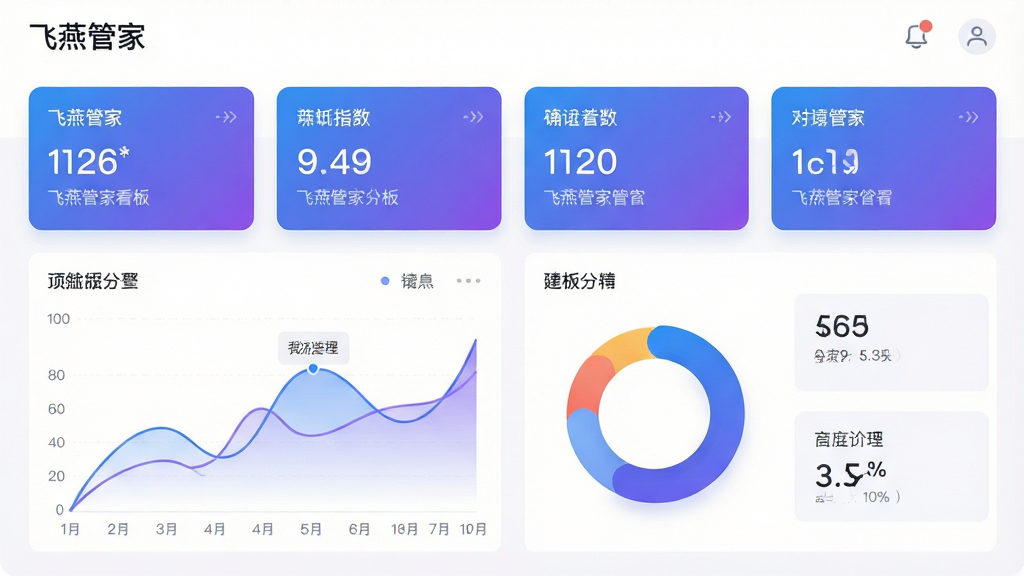 画面主体为一块数据看板界面,界面中包含折线图、环形图与数字指标卡,界面顶部标注“飞燕管家”看板标题;布局为上下结构,上方指标卡横排、下方图表并排;排版规整,留白适中;风格为现代简约风,配色以蓝紫渐变与白色为主;细节上图表线条流畅,数字清晰;画质高清,画面干净,无多余元素。