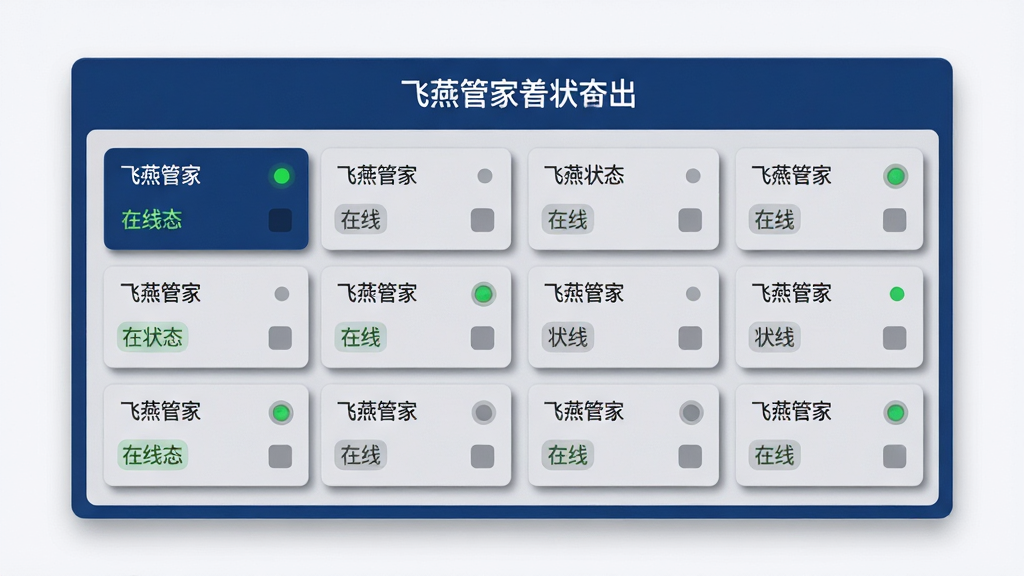 画面主体为一块横向悬浮面板,面板内排列多张设备状态卡片,每张卡片标注“飞燕管家”字样与在线状态指示灯;布局为上下结构,上方标题区、下方卡片网格区;排版整齐,卡片间距均匀;风格为简约商务风,配色以深蓝与浅灰为主;细节上卡片带有轻微阴影,状态灯为绿色与灰色区分;画质清晰,画面干净,无多余元素。