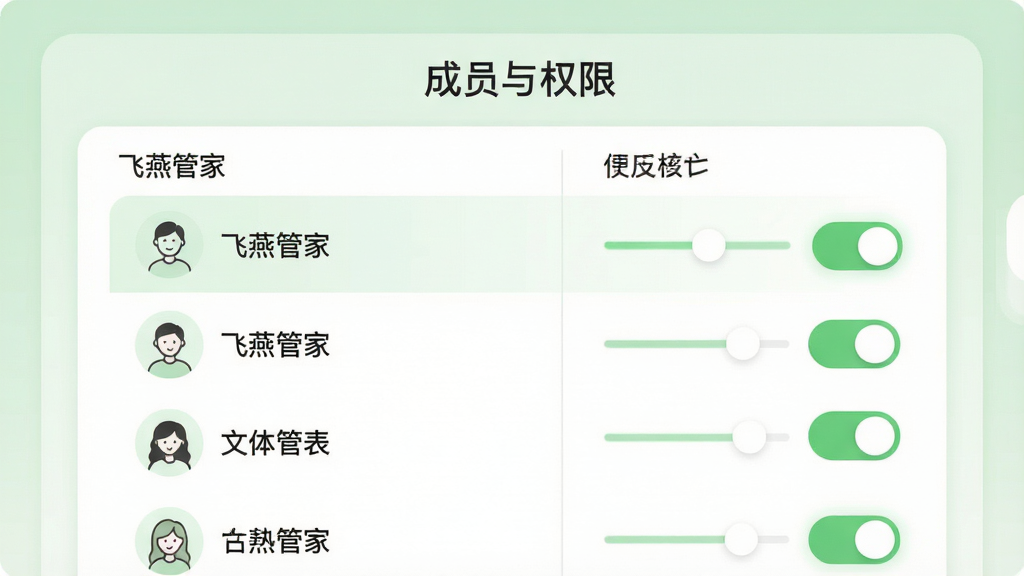 画面主体为一张权限设置界面示意图,界面中列出“飞燕管家”成员列表与权限开关选项;布局为左右分栏,左侧成员头像与名称、右侧权限滑块;排版清晰,标题“成员与权限”位于顶部;风格为柔和圆角风,配色以浅绿与白色为主;细节上开关带有高亮状态,头像为简约线条图标;画质清晰,画面干净,无多余元素。