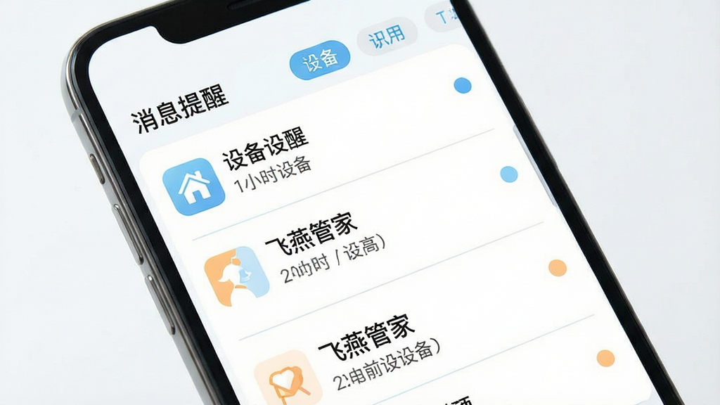 画面主体为一部手机屏幕特写,屏幕上显示“飞燕管家”消息提醒列表,每条提醒带有图标、时间与设备名称;布局为纵向列表式,顶部有筛选标签;排版上标题“消息提醒”位于顶部左侧;风格为清新浅色风,配色以白色、浅蓝与淡橙为主;细节上提醒条目有未读圆点标记,列表分隔线细腻;画质高清,画面干净,无多余元素。