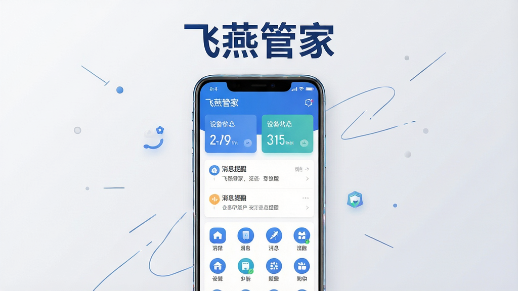 画面主体为一台竖屏安卓手机,屏幕中央展示“飞燕管家”应用主界面,界面包含设备状态卡片、消息提醒列表与功能图标网格;布局采用居中构图,手机置于浅灰渐变背景之上,周围点缀简洁的线条装饰;排版上标题“飞燕管家”位于画面上方居中,字号醒目;风格为现代扁平化科技风,配色以蓝色与白色为主;细节上手机边框有轻微反光,界面图标清晰有层次;画质为高清2K,画面干净,无多余元素。