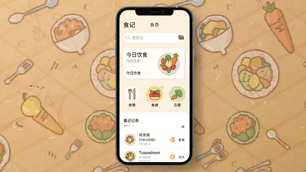 手机屏幕中央展示“食记”应用主界面,界面为浅米色背景,上方有搜索框和今日饮食卡片,中部排列食谱分类图标,下方是最近记录列表,整体布局简洁清爽,风格为扁平化插画,细节包括小餐具图标和食材简笔画,画质清晰,干净,无多余元素