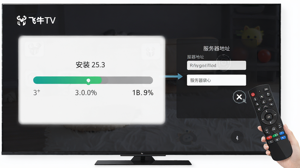 飞牛TV在电视端安装配置的流程示意图,画面展示电视屏幕上的安装进度条和服务器地址填写界面,旁边有遥控器操作示意,风格简洁明了,高清画质,布局清晰,干净无多余元素