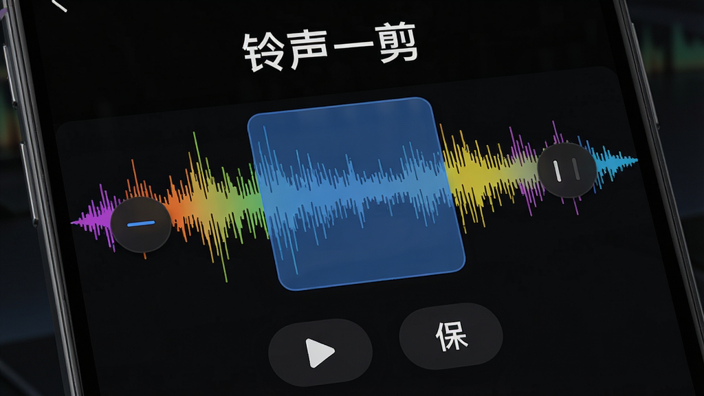 手机屏幕特写,画面中显示一条彩色音频波形,波形上有两个可拖动的选择手柄,中间区域用半透明蓝色高亮标出,屏幕上方写着“铃声一剪”四个字,下方有播放和保存按钮,整体为深色模式界面,风格现代科技感,细节清晰,画质干净,无多余元素