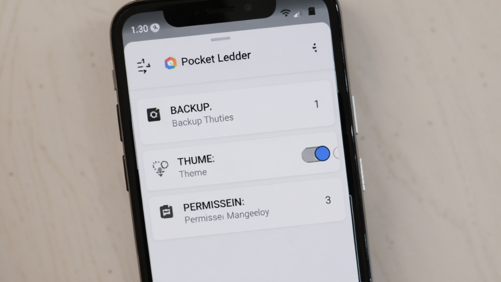 一部安卓手机屏幕展示Pocket Ledger的设置页面,页面中包含数据备份、主题切换和权限管理选项,界面风格简洁,背景为浅色,画质清晰干净