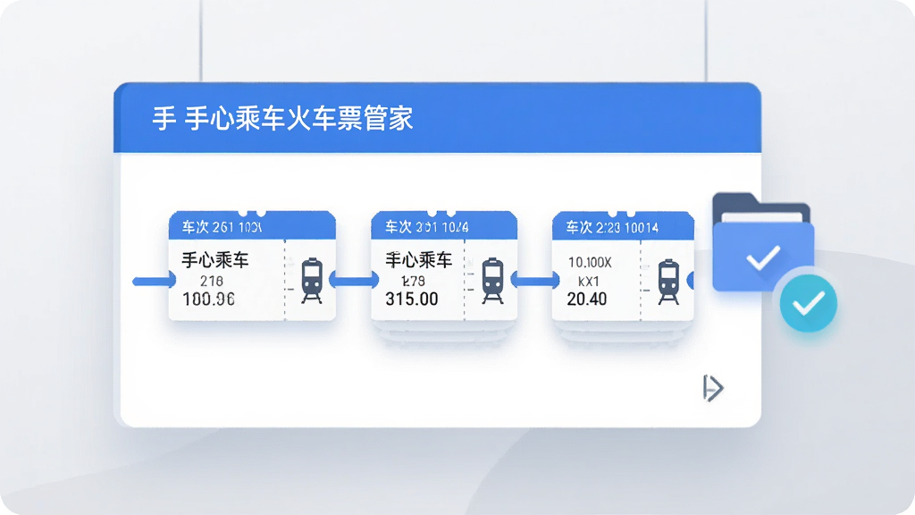 画面主体为一块悬浮的蓝白色信息面板,面板上以时间轴形式排列三张火车票样式卡片,卡片标注车次与时间信息,背景为浅灰色渐变,面板右侧配有文件夹与对勾图标,整体布局横向展开,风格为扁平商务风,细节强调卡片层次与图标线条,画质清晰干净,画面中文字为“手心乘车火车票管家”