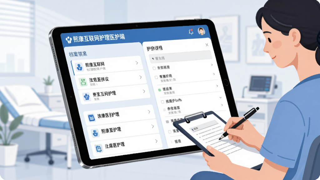 画面展示一个数字化患者档案界面悬浮在平板上,界面标题为“熙康互联网护理医护端”,旁边有护理人员正在记录信息,背景为简洁的诊室环境,采用现代商务插画风格,布局左侧为档案列表右侧为详情面板,细节清晰,画质干净高清,无多余元素
