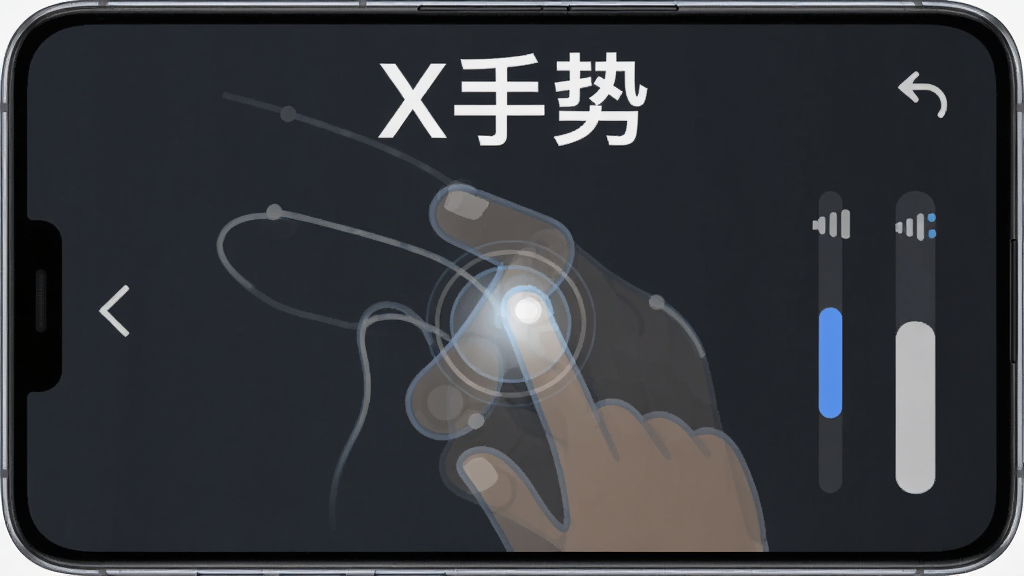 主体为一部现代智能手机正面展示,屏幕中央呈现半透明手势轨迹线条与圆形触控光点,布局采用居中构图手机占屏幕三分之二,排版简洁上方留白放置软件名称“X手势”文字,风格为科技感扁平化设计,细节包含手指滑动轮廓、返回箭头图标与音量条元素,画质高清干净无多余元素