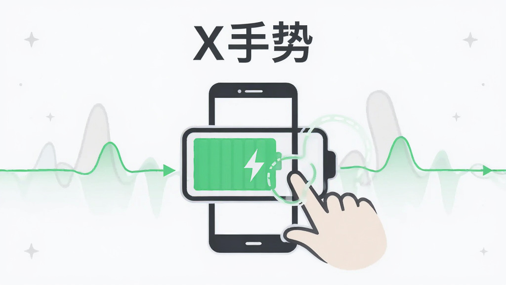 主体为手机电量图标与手势轨迹结合的创意图形,布局为画面中央对称构图,排版上方放置“X手势”文字标识,风格为简约商务扁平风,细节包含绿色电量符号、流畅手势线条与稳定运行波形图,画质高清干净无多余元素