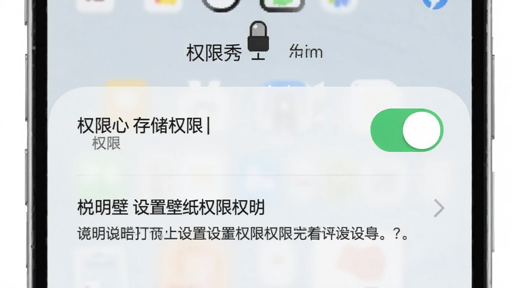 一张手机屏幕截图风格示意图,画面展示壁纸锁屏秀秀的权限设置引导页面,界面中有存储权限开关和设置壁纸权限说明文字,背景为浅色简洁风格,布局清晰,画质干净,无多余装饰元素