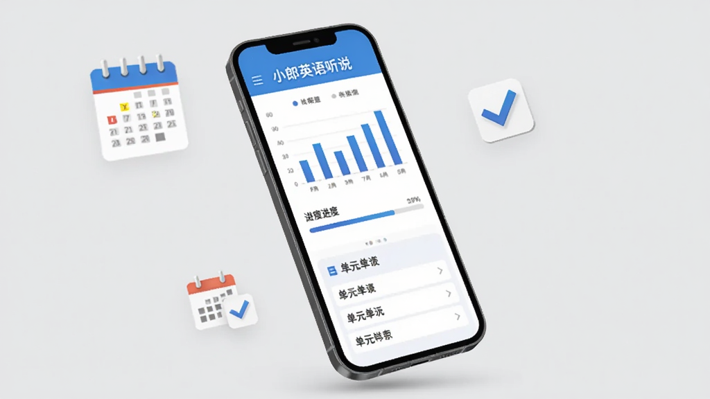 画面为手机屏幕展示学习报告页面,页面中有柱状图、进度条和单元列表,顶部标注“小郎英语听说”,手机悬浮于浅灰色背景之上,周围有日历和勾选图标点缀,风格商务简约,排版整齐,画质干净