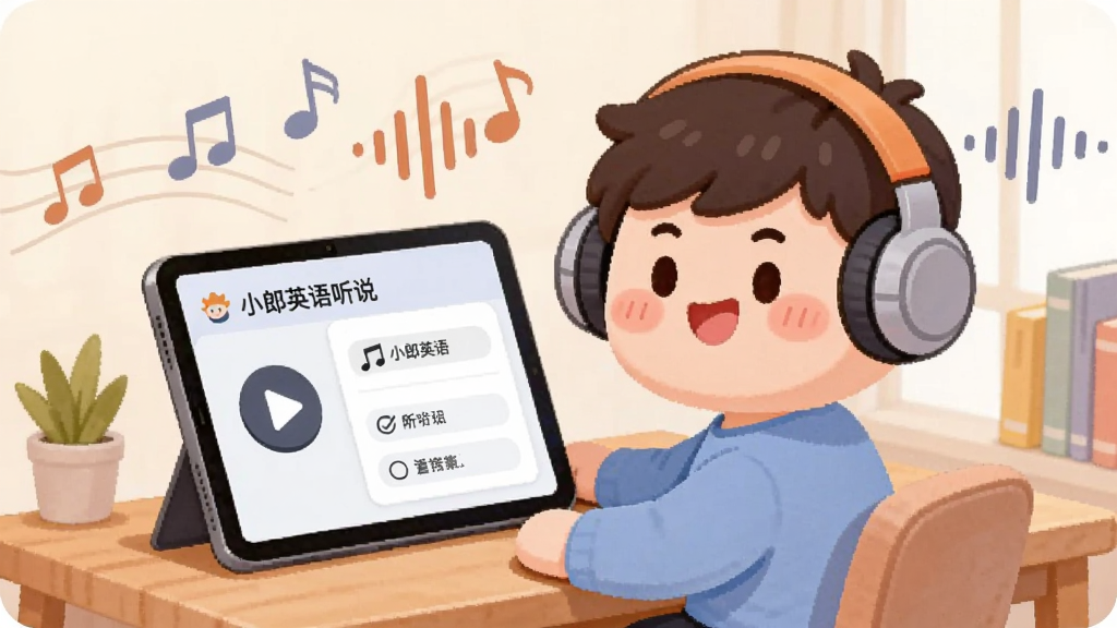 插画风格画面,主体为一只戴耳机的卡通形象坐在书桌前,面前平板电脑显示“小郎英语听说”听力练习界面,界面中有播放按钮和选项列表,背景有音符和声波线条装饰,色调柔和,构图均衡,画质清晰