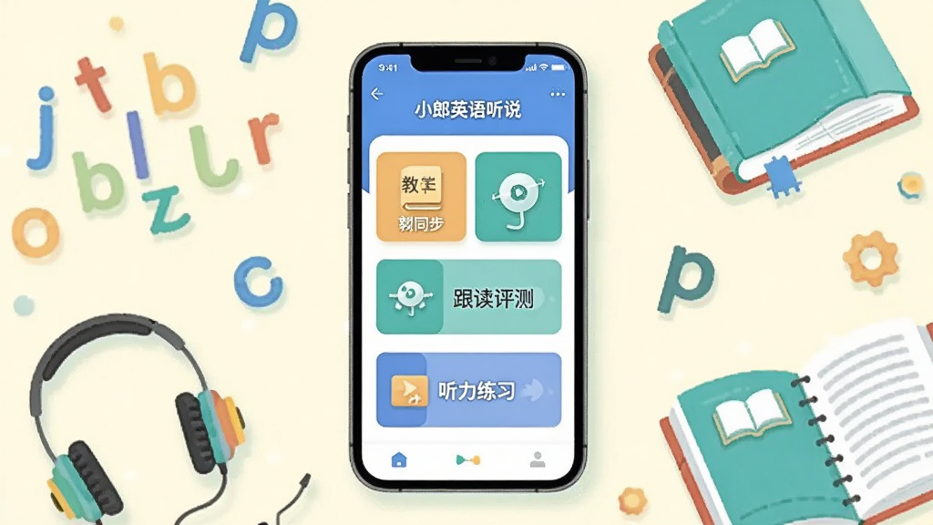 画面中央放置一部智能手机,屏幕显示“小郎英语听说”应用主界面,界面中包含教材同步、跟读评测、听力练习等模块卡片,手机周围环绕英语字母、耳机、书本等学习元素,整体采用清新浅色背景,扁平化插画风格,细节清晰,画质干净,无多余装饰元素