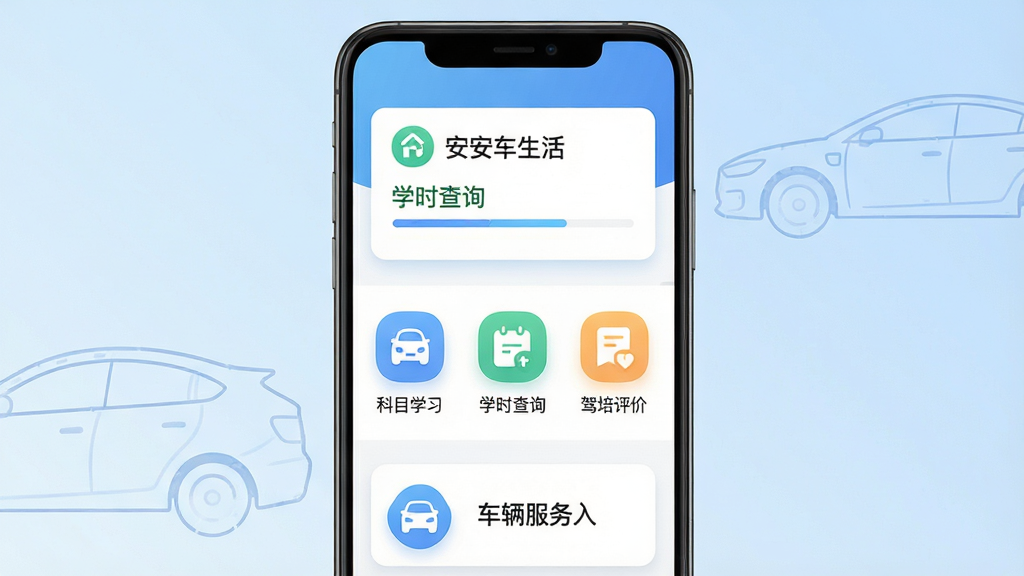 主体为一部竖屏安卓手机,屏幕中央展示“安安车生活”应用主界面,上方为学车进度卡片,中部排列科目一学习、学时查询、驾培评价三个功能图标,下方为车辆服务入口;布局为居中对称的手机正面展示,背景为浅蓝渐变并点缀简约汽车轮廓线稿;风格为清爽扁平化UI展示风,细节包含圆角图标、柔和投影、清晰文字标签,文字必须为“安安车生活”“学时查询”“驾培评价”;画质高清,画面干净,无多余元素