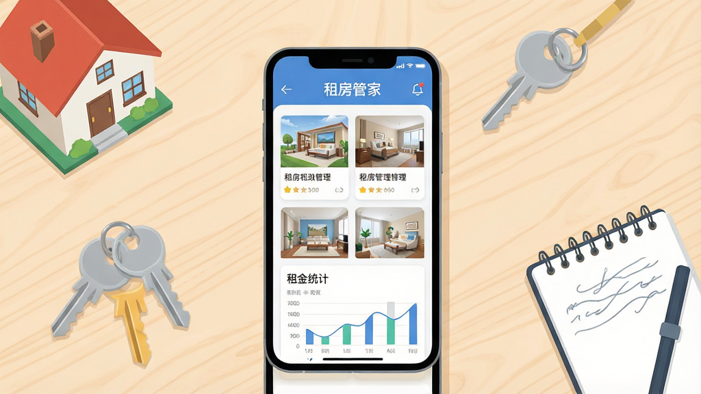 一张展示手机租房管理应用的场景图,画面中央是一部竖屏智能手机,屏幕内显示房源列表卡片和租金统计图表,界面顶部有“租房管家”文字标识,手机周围摆放钥匙、房屋模型和记事本等小物件,背景为浅色木质桌面,整体采用干净清爽的扁平化插画风格,构图居中、留白充足,画质清晰锐利,无多余杂乱元素