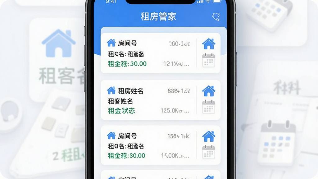 一款名为“租房管家”的手机应用界面展示图,画面主体为手机屏幕内整齐排列的房源信息卡片,每张卡片标注房间号、租客姓名和租金状态,旁边配有小巧的房屋图标和日历图标,布局采用左右分栏排版,风格为现代简约的UI展示风,色调以蓝白为主,细节干净利落,画质高清,画面无杂乱装饰