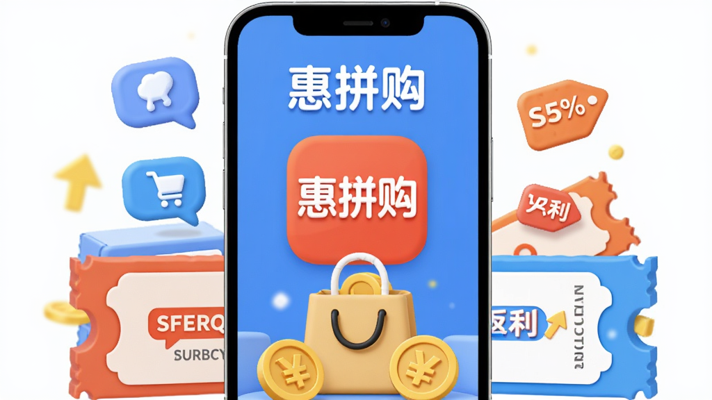 手机屏幕中央显示“惠拼购”应用图标与优惠券堆叠的立体场景,主体为一部竖屏智能手机,布局居中对称,排版上方为应用名称下方为购物袋与金币元素,风格为清爽扁平化电商插画,细节包含拼团气泡、折扣标签、返利箭头,画质高清干净无多余元素