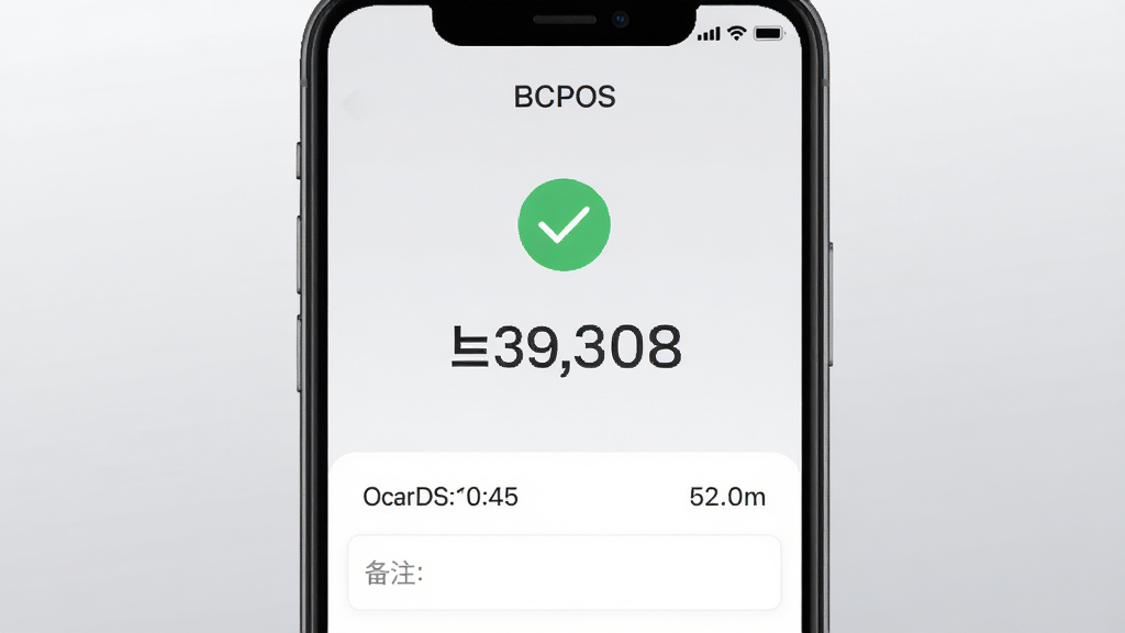 手机界面展示BCPOS收款成功页面,页面中央有绿色对勾与金额数字,下方列出订单时间与备注栏,背景为浅灰渐变,风格清爽简约,细节清晰,画质高清,画面干净,无多余元素