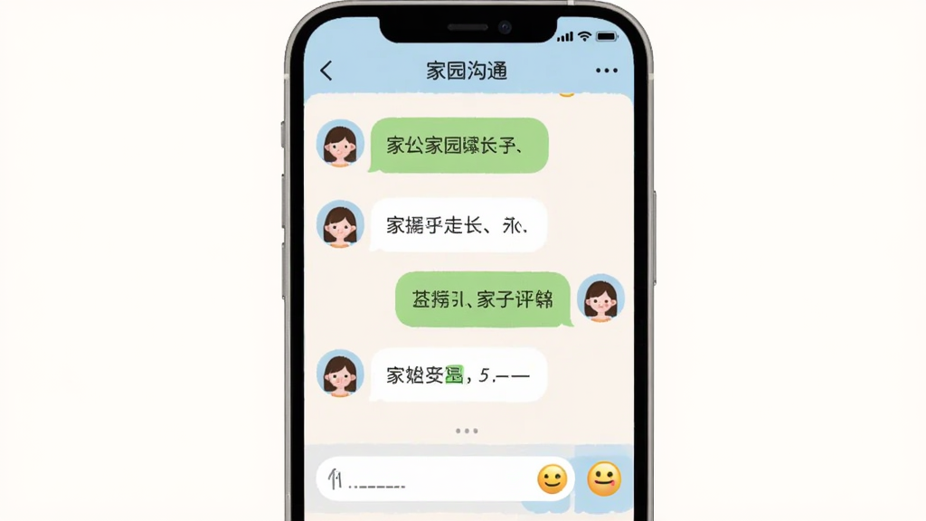 画面主体是一部手机,屏幕显示幼幼家园的聊天对话界面,气泡中包含家长与老师的头像和简短文字;布局为手机居中,对话气泡左右分列;风格为柔和卡通风;细节包含