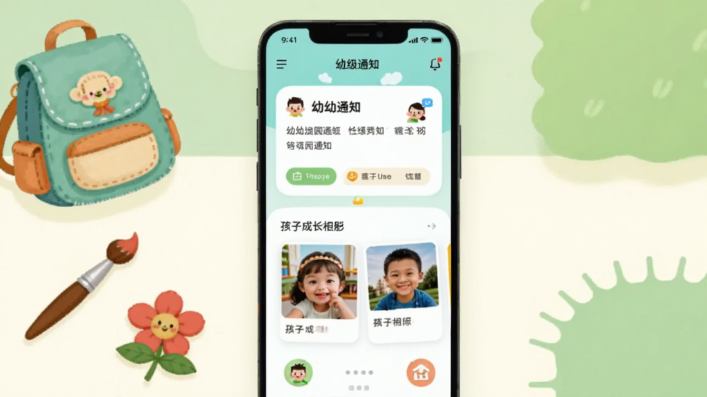 画面主体是一部竖屏安卓手机,屏幕上显示幼幼家园应用的主界面,包含班级通知卡片、孩子成长相册缩略图和卡通风格的图标;手机周围以柔和的浅绿色与米白色块做背景布局,左侧点缀幼儿园书包、画笔和小红花元素;整体排版简洁居中,风格清新卡通、扁平化插画;细节上突出界面圆角卡片、可爱字体和明亮配色;画质清晰干净,无多余杂乱元素