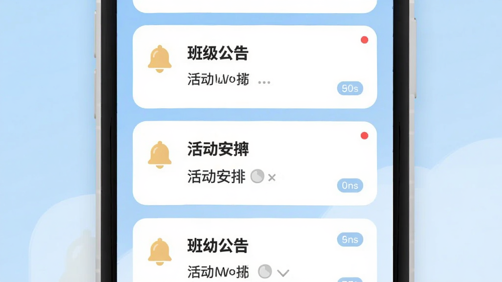 画面主体是一部手机屏幕特写,界面中排列着多条幼幼家园班级通知卡片,卡片上有