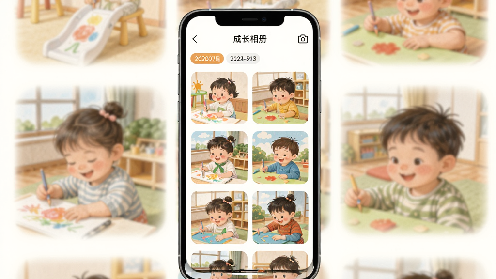 画面主体是手机屏幕展示幼幼家园成长相册页面,网格状排列着孩子在幼儿园画画、做游戏的照片缩略图;布局为手机居中、相册网格铺满屏幕;风格为温馨明快的插画风;细节包含