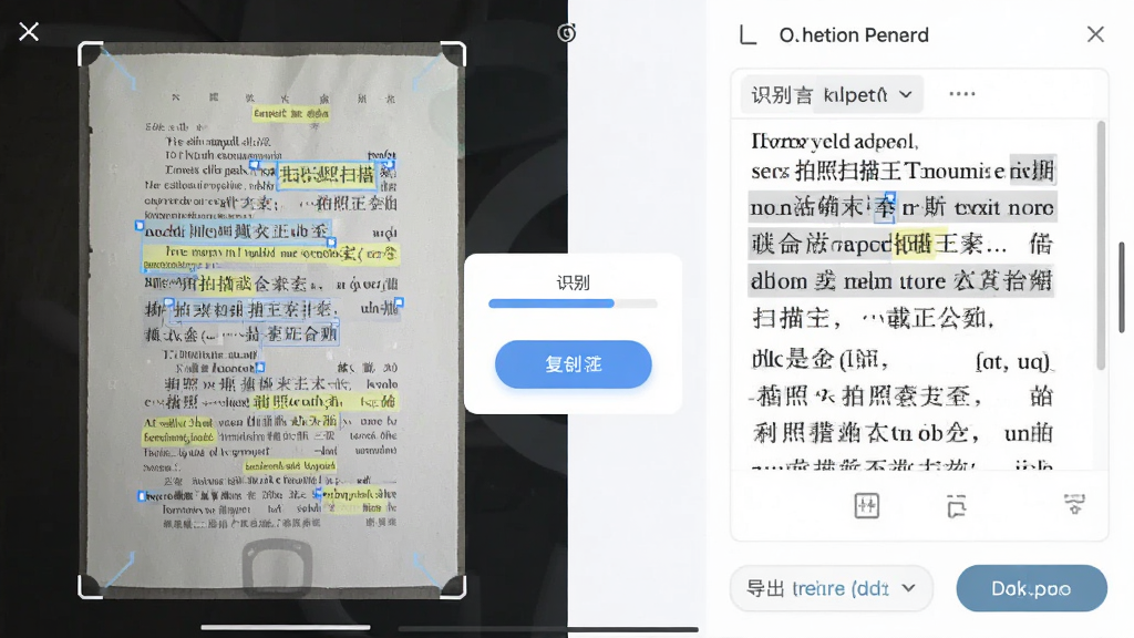 画面展示拍照扫描王的文字识别结果界面,左侧为扫描后的纸质书页图片,右侧为提取出的可编辑文字文本框,界面中央有识别进度条与复制按钮,布局为左右对比式构图,风格为清爽办公科技风,细节包含文字高亮选区、识别语言选项与导出按钮,画质清晰干净,无多余元素