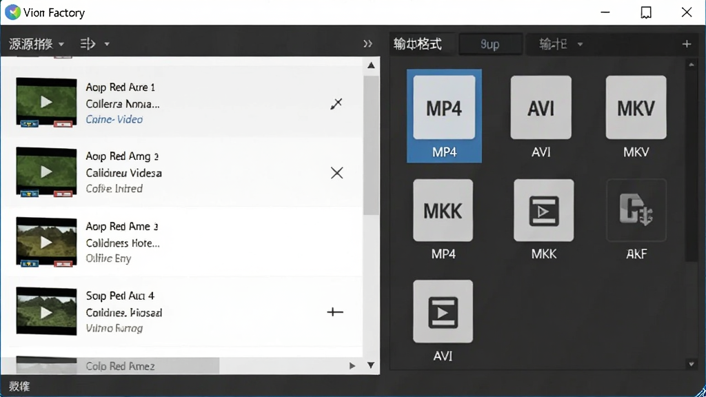 格式工厂软件界面截图风格插图,画面展示视频转换设置面板,左侧为源视频文件列表,右侧为输出格式选择区域,包含MP4、AVI、MKV等格式图标,界面干净整洁,风格现代简约,画质高清,无多余元素