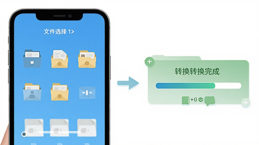 格式工厂手机端操作界面示意图,展示从文件选择到格式转换完成的流程步骤,画面中有手机屏幕、文件图标、转换进度条等元素,风格扁平化清新,布局简洁,画质高清,干净无多余元素