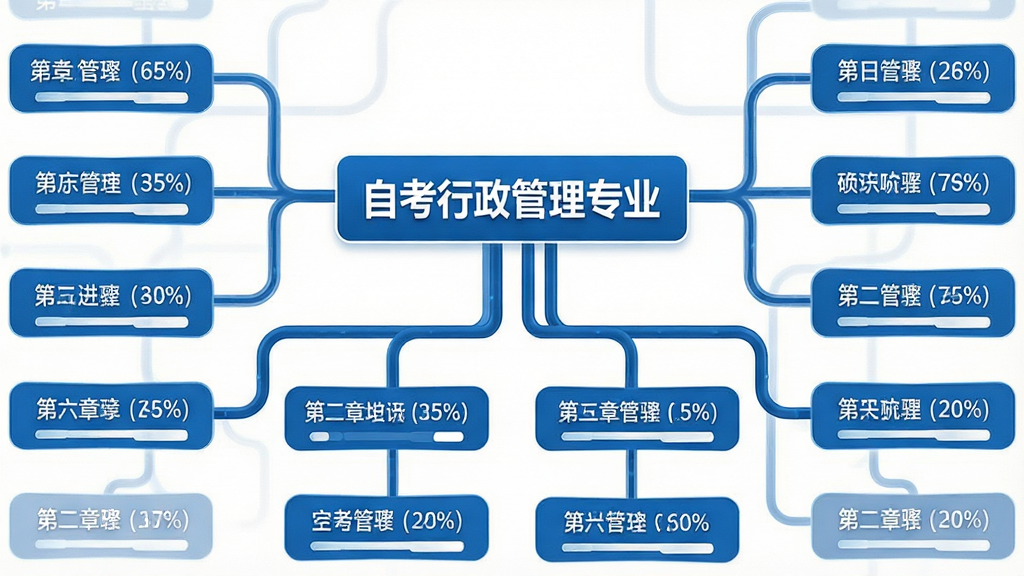 一张展示知识体系结构的示意图,画面中央是“自考行政管理专业”的文字标识,下方延伸出树状分支结构,每个分支节点标注章节名称与进度百分比,整体为蓝白配色,布局清晰有层次,风格简洁商务,细节精致,画质高清,背景干净无杂乱元素