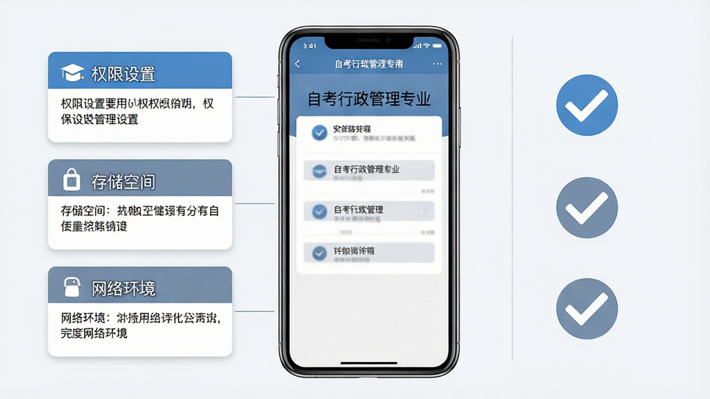 一幅手机应用使用指南的示意图,画面中央是手机屏幕显示“自考行政管理专业”安装步骤界面,左侧列出权限设置、存储空间、网络环境三个提示卡片,右侧为勾选完成的图标,整体布局左右分栏,风格简洁实用,配色以蓝灰为主,细节清晰,画质高清,背景干净