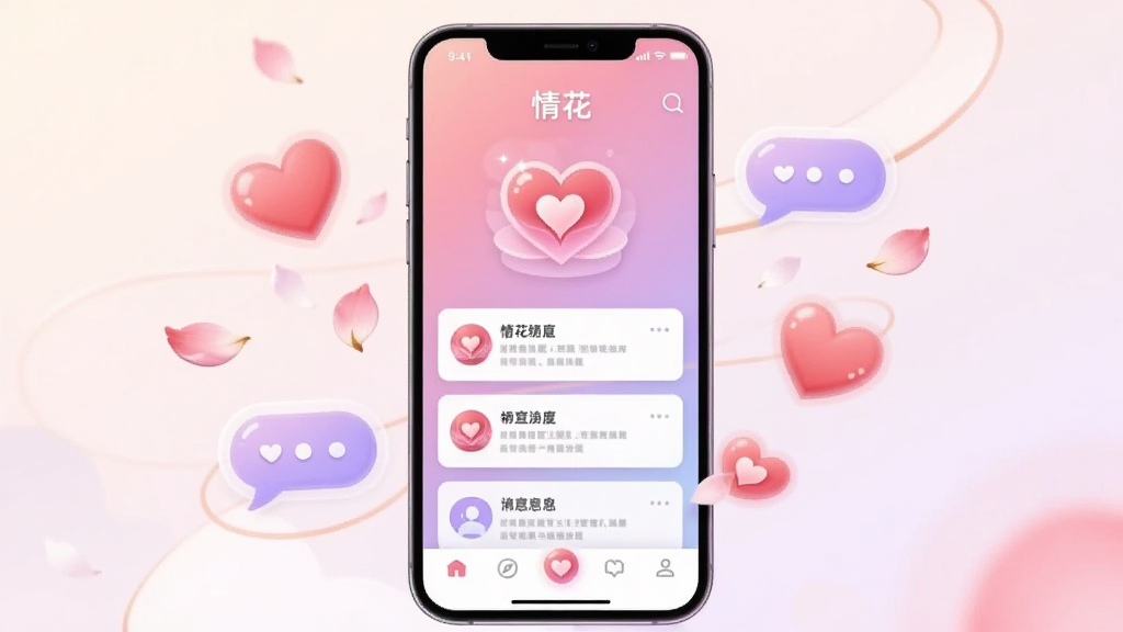 画面中央是一部竖屏智能手机,屏幕上显示一款名为