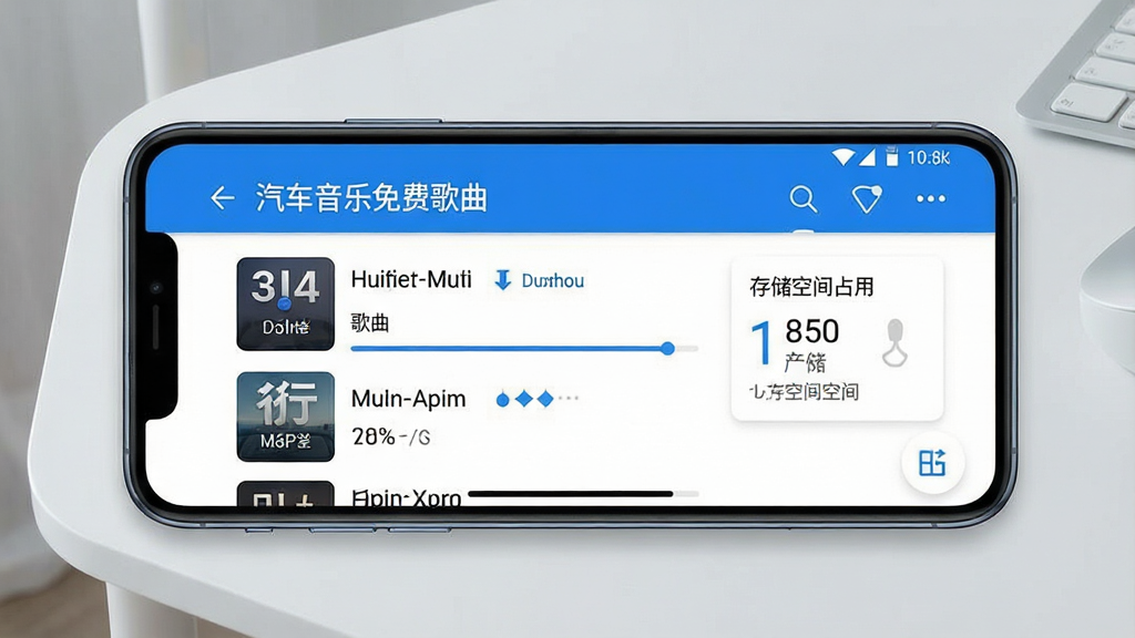 一张展示手机音乐应用离线缓存功能的界面示意图,画面主体为一部横屏放置的智能手机,屏幕内显示