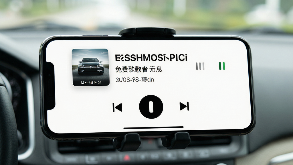 一张展示汽车音乐免费歌曲应用大屏适配界面的图片,画面为手机横屏放置于车载支架上,屏幕显示放大的播放控制按钮与当前歌曲信息,界面字体清晰醒目,配色对比度高,背景为车内环境虚化处理,风格简洁实用,画质干净,无杂乱元素
