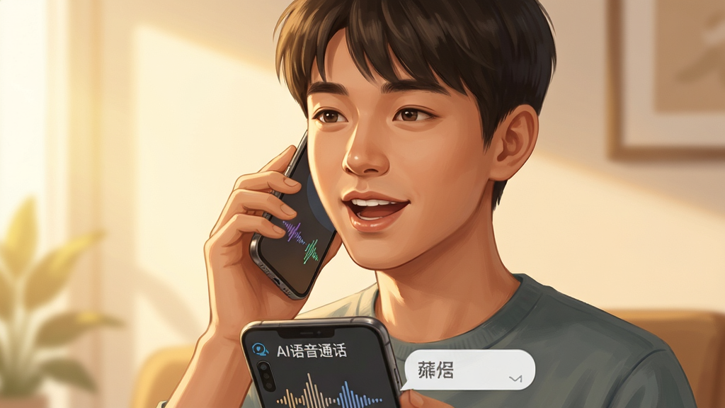 一位年轻人手持手机正在说话,手机屏幕显示“AI语音通话”的对话界面和声波动画,人物表情轻松自然;布局为人物半身居中,手机位于画面下方;风格为写实插画风,暖色调光线;细节包括人物嘴部动作、手机界面声波、对话气泡;画质清晰,画面干净,无多余元素