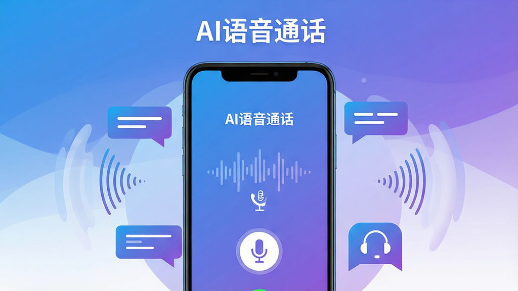画面主体是一部竖屏安卓手机,手机屏幕中央显示“AI语音通话”应用的通话界面,有圆形麦克风按钮和声波跳动动画,手机周围环绕着对话气泡和声音波纹元素;布局采用居中构图,手机占据画面三分之二;排版简洁,上方留白放置软件名称文字;风格为现代科技感扁平插画,蓝紫渐变配色;细节包括麦克风图标、声波曲线、聊天气泡、耳机图标;画质高清,画面干净,无多余元素